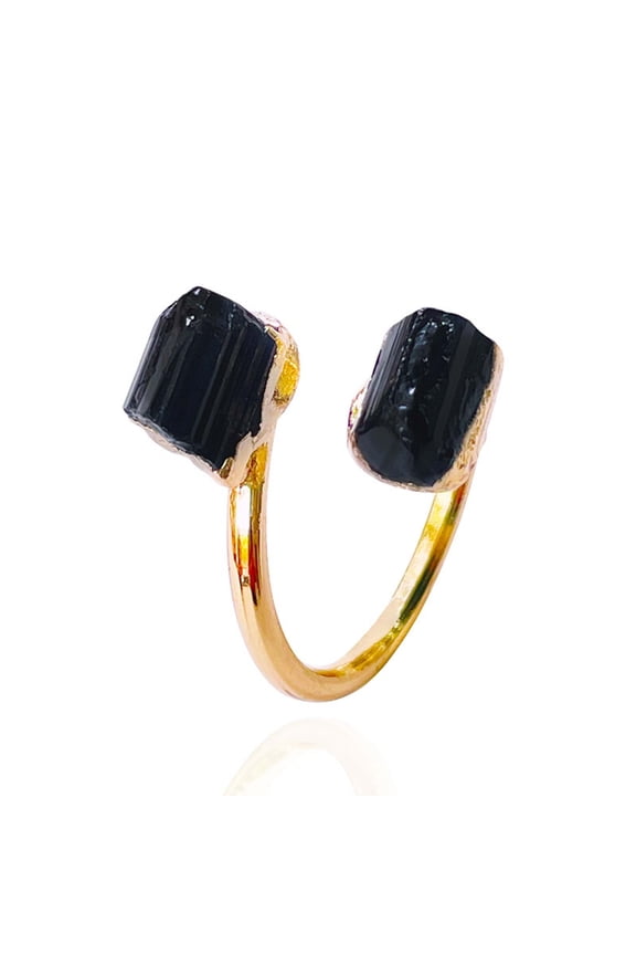 Natural Raw Black Tourmaline Adjustable Finger Ring with Gold Plated Gift