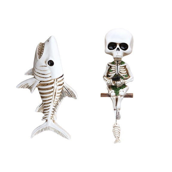 BQBQERT Pack Of 2 Fishing Skeletons With Fish Resins Wall Sculptures Home Decoration For Halloween And Aquariums Enthusiasts