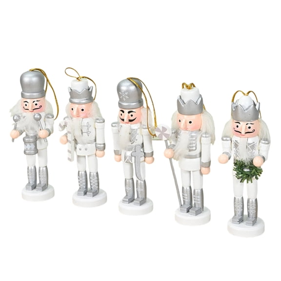 BQBQERT Set Of 5 Silver Miniature Nutcrackers Charm Wood Hanging Pendant Collectible Charm Holiday Decorating Accessories