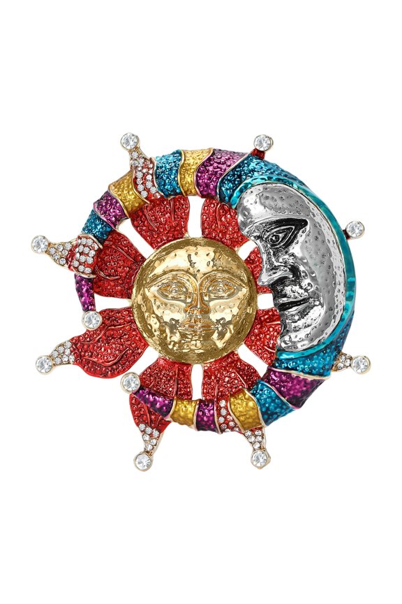 Sun Moons Brooch With Colorful Crystals Stainless Steel Lapel Pin Unisex
