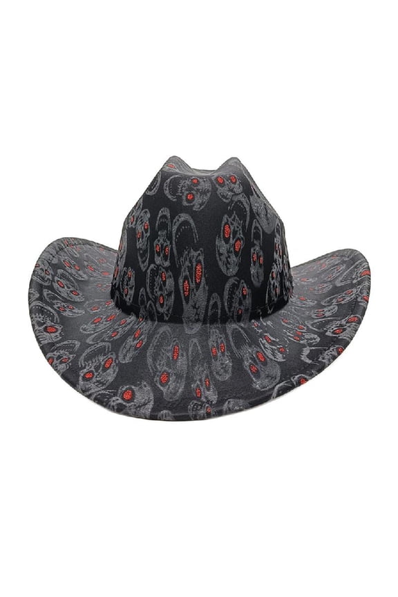 Unique Western Styles Fedoras Hat Wide Brims Top Hat with Skull Pattern for Women and Men Cosplay Party Accessory