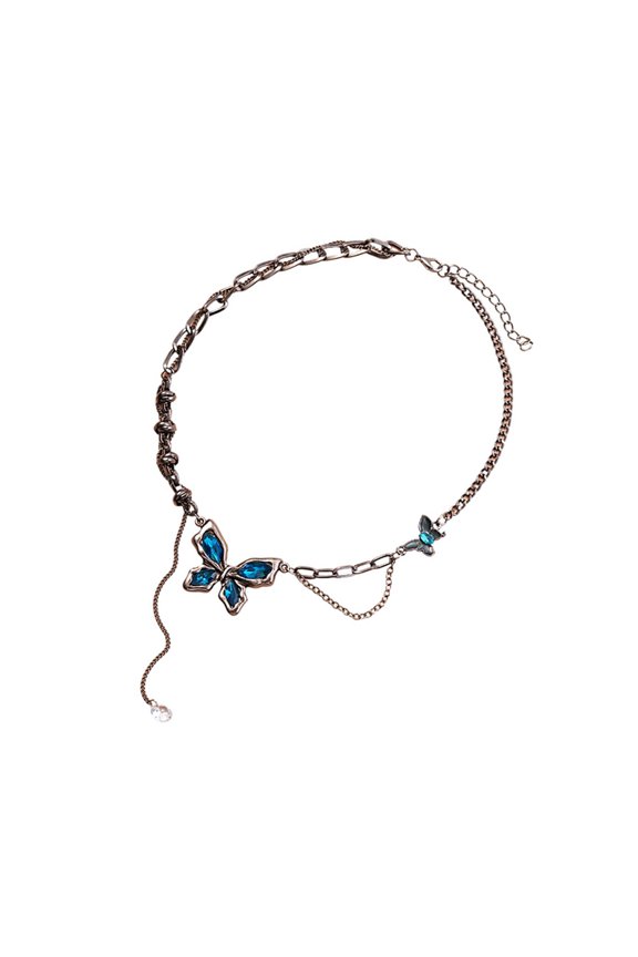 Vintage Antique Finish Alloy Glass Butterfly Chain Necklace Jewelry for Women