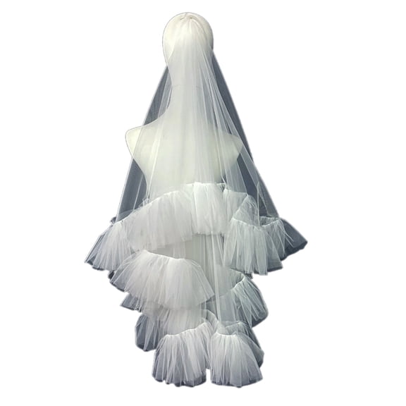BQBQERT Wedding Tulles with Ruffled Trim French Feeling Prom Party Tiaras Women Veil for Taking Photo Headbands