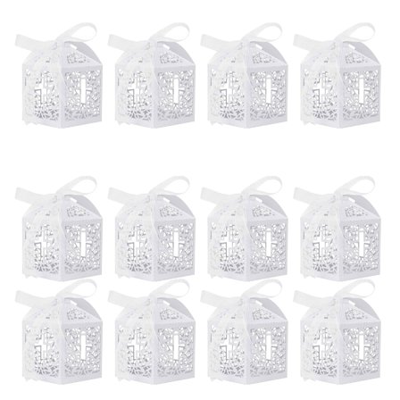 BQBQERT White Hollow Crosses Designs Favors Boxes White Crosses Candy Boxes with Ribbons for Wedding Treats and Party Gifts