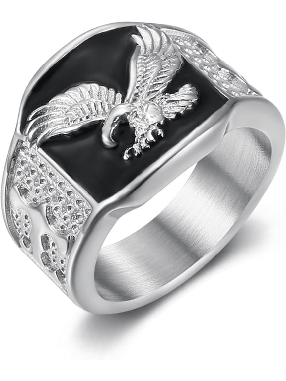 Bald Eagle Ring for Men, Stainless Steel Biker Western Ring, Freedom Symbol Gift for Veteran and Dad