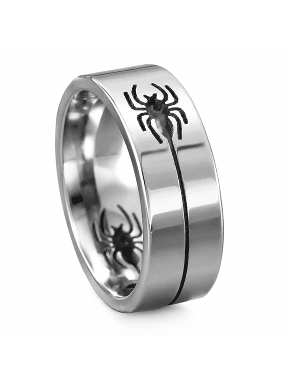 Men Spider Emblem 8mm Band Ring in Stainless Steel, 7-11, with Engraved Arachnid Motif for Concert Looks, Themed Events, and Birthday Gifts for Friends