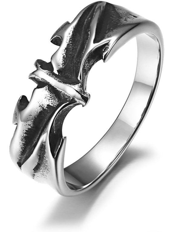 Men's 4MM Width Vintage Distressed Bat Ring, Stainless Steel Gothic Ring