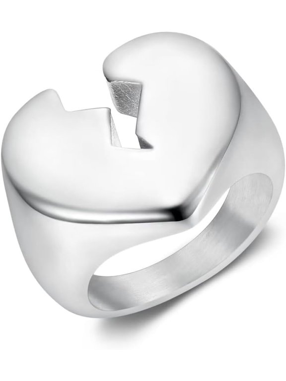 Men's Broken Heart Signet Ring, Stainless Steel Chunky Statement Band, Size 7-13