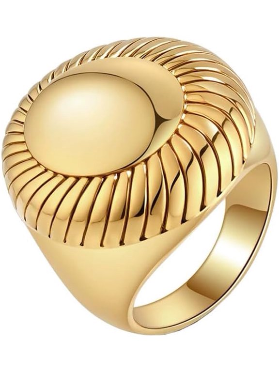 Unisex Sunburst Signet Ring, Polished Dome Center Radiant Line Textured Stainless Steel Statement Band