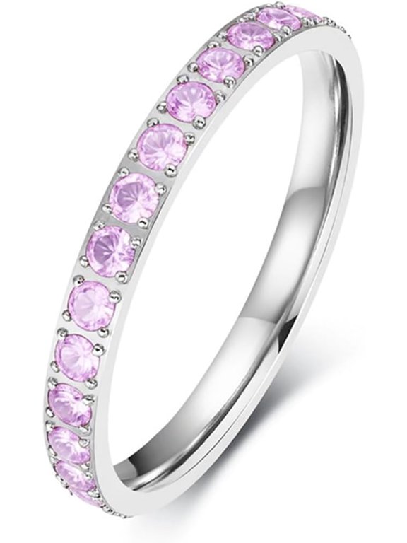 Women's 3mm Stainless Steel Full Stone Inlaid Stackable Ring, Dainty Delicate Decorative Band, US Sizes 5-9