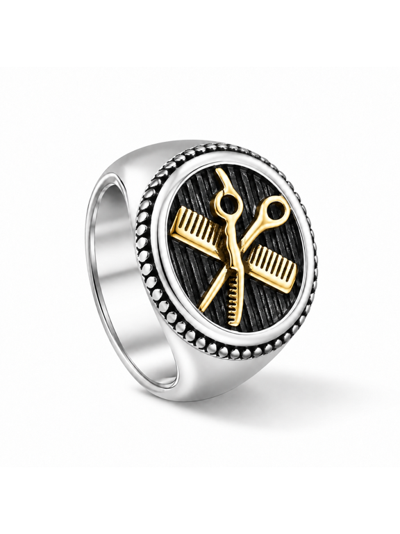 Barber Ring for Men, Scissors Comb Signet Ring, Titanium Steel