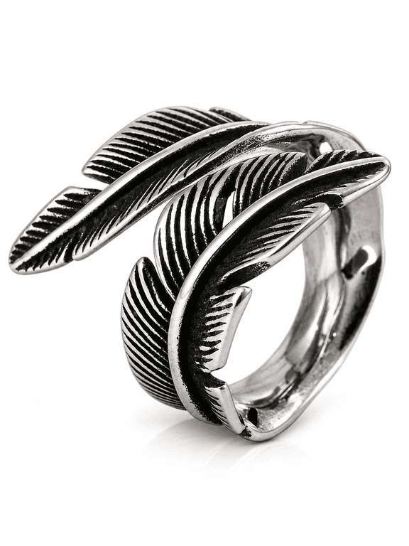 Feather Wrap Ring for Men, Stainless Steel Western Statement Ring