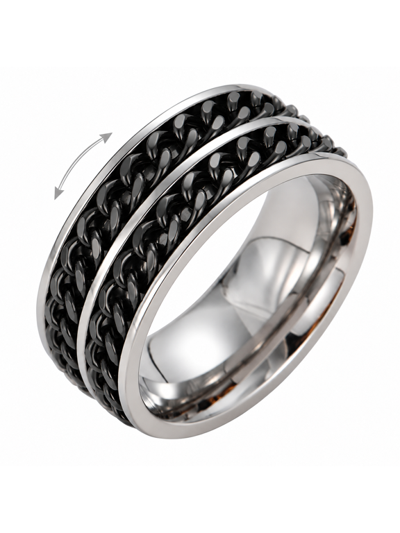 Men's Double Chain Spinner Ring, 9mm Fidget Band, US 7-11