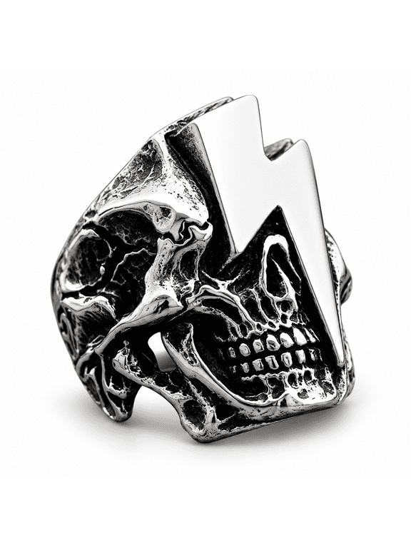 Skull Ring for Men, Titanium Steel Lightning Bolt Gothic Biker Ring