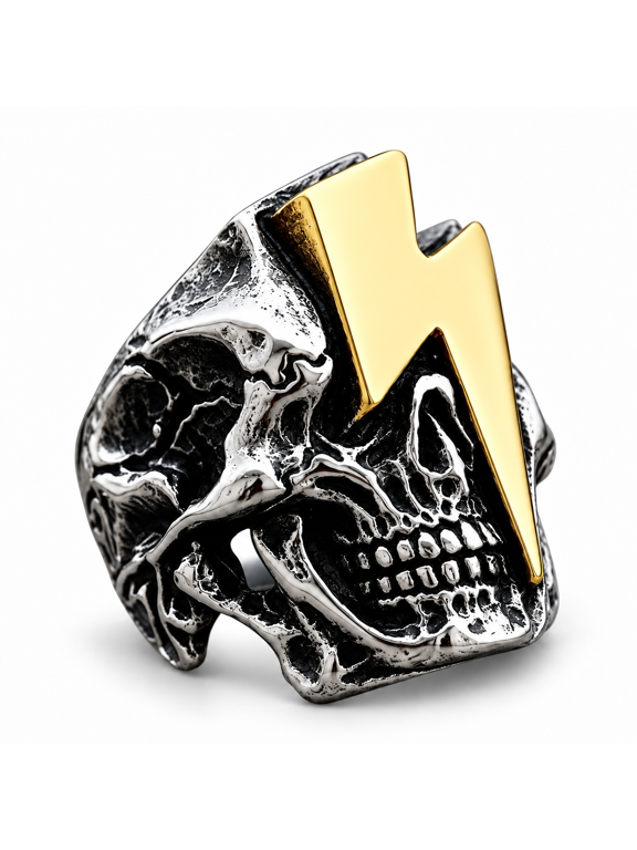 Skull Ring for Men, Titanium Steel Lightning Bolt Gothic Biker Ring