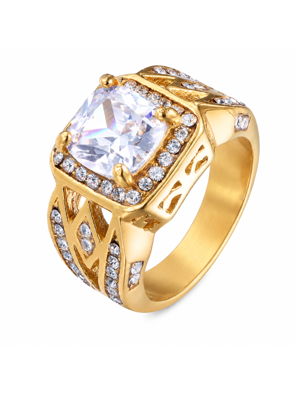 Men Cushion Stone Statement Ring in Stainless Steel, Sizes 7-13, with Bright Surrounding Accents for Celebrations, Dress Outfits, and Milestone Gifts