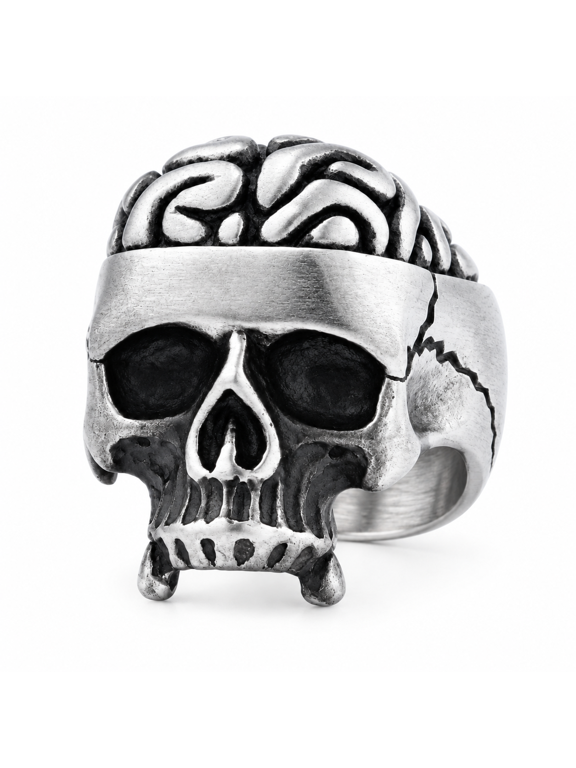 Men Exposed Brain Skull Ring in Stainless Steel, Folded Top Relief and Cracked Forehead, US Sizes 7-13, Anatomical Gothic Style for Halloween and Gifts