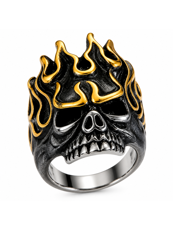 Men Flame Skull Ring in Stainless Steel, Tall Pointed Relief and Sculpted Facial Detail, US Sizes 7-13, Dramatic Gothic Style for Birthday and Halloween