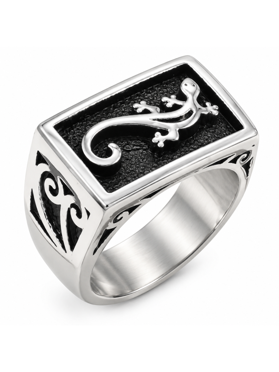 Men Gecko Signet Ring in Stainless Steel with Raised Lizard Detail, a Dark Rectangular Face and Scroll Sides, US Sizes 7-12, Birthday Gift for Reptile Fans
