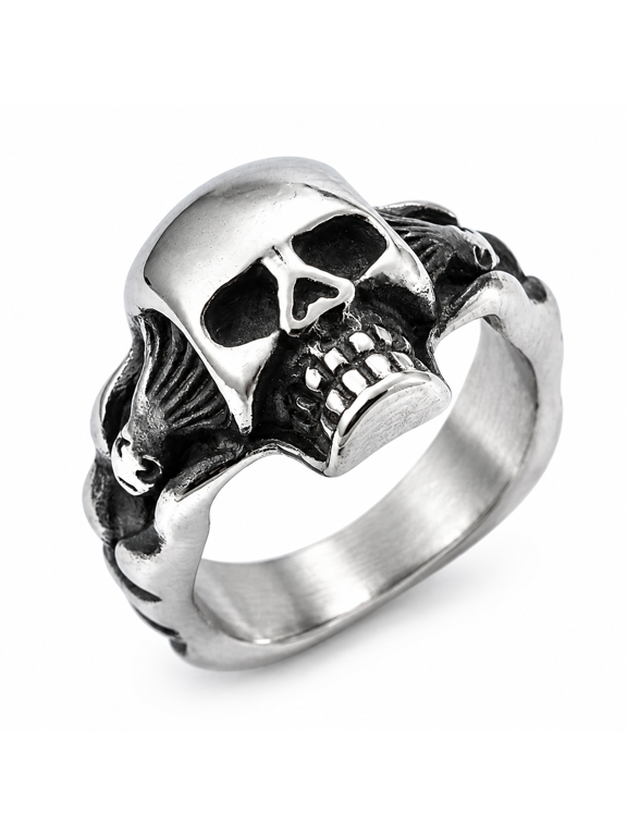 Men Skull Ring in Stainless Steel, Raised Face with Swept Wing-Like Shoulder Relief and Dark Recesses, US Sizes 7-13, Gothic Styling and Birthday Gifts
