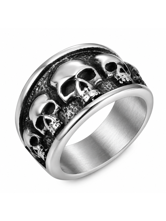 Men Skull Row Band Ring in Stainless Steel, 16mm Bordered Profile with Raised Faces on a Dark Center, US Sizes 5-16, Gothic Outfit Detail and Gifts