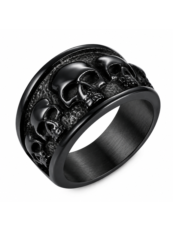 Men Skull Row Band Ring in Stainless Steel, 16mm Bordered Profile with Raised Faces on a Dark Center, US Sizes 5-16, Gothic Outfit Detail and Gifts