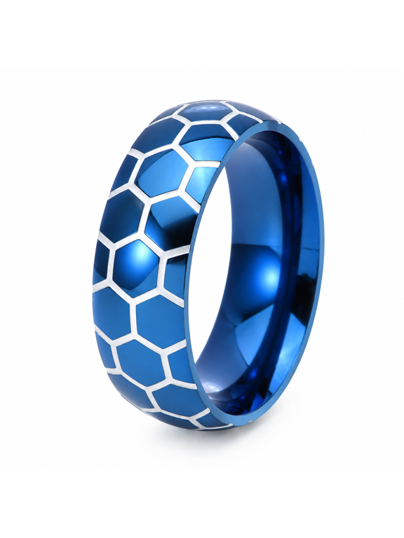 Men Soccer Pattern Ring in Stainless Steel, 8mm Band with Glowing Panel Lines, US Sizes 6-12, Sporty Style for Match Days and Football Fan Birthday Gifts