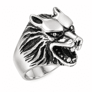 BQJ Men Wolf Head Ring in Stainless Steel with an Open Jaw, Pointed Ears and Sculpted Fur, US Sizes 7-13, Fierce Gothic Birthday Gift for Brothers and Friends