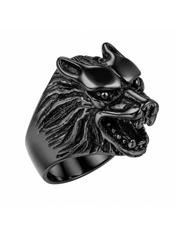 Men Wolf Head Ring in Stainless Steel with an Open Jaw, Pointed Ears and Sculpted Fur, US Sizes 7-13, Fierce Gothic Birthday Gift for Brothers and Friends