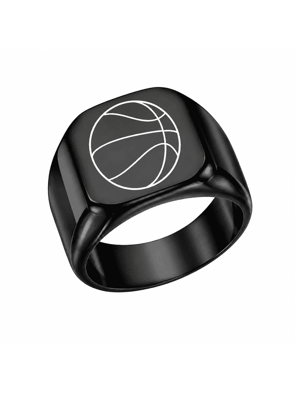 Men's Basketball Signet Stainless Steel Ring for Sport-Inspired Looks, US Sizes 4-15, Broad 18mm Square Face with Court-Line Engraving for Game Days, Team Events, and Fan Gifts