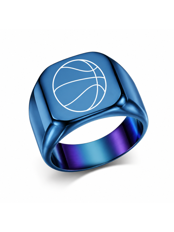 Men's Basketball Signet Stainless Steel Ring for Sport-Inspired Looks, US Sizes 4-15, Broad 18mm Square Face with Court-Line Engraving for Game Days, Team Events, and Fan Gifts