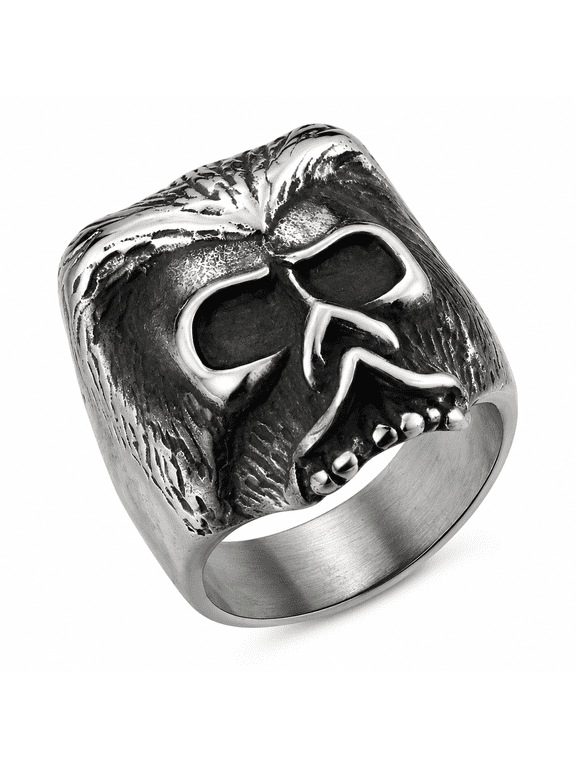 Men's Bearded Skull Ring in Stainless Steel, Swept Hair Texture and Deep Eye Sockets, US Sizes 8-13, Gothic Statement for Rock Outfits and Birthday Gifts