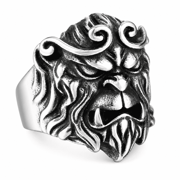 BQJ Men's Beast Face Monkey Head Ring Stainless Steel Gothic Biker Statement Ring, Curled Brow Tusk Detail, Gold Silver Brow Options, Concert Party Halloween Ring, Gift for Him, US Sizes 7-13