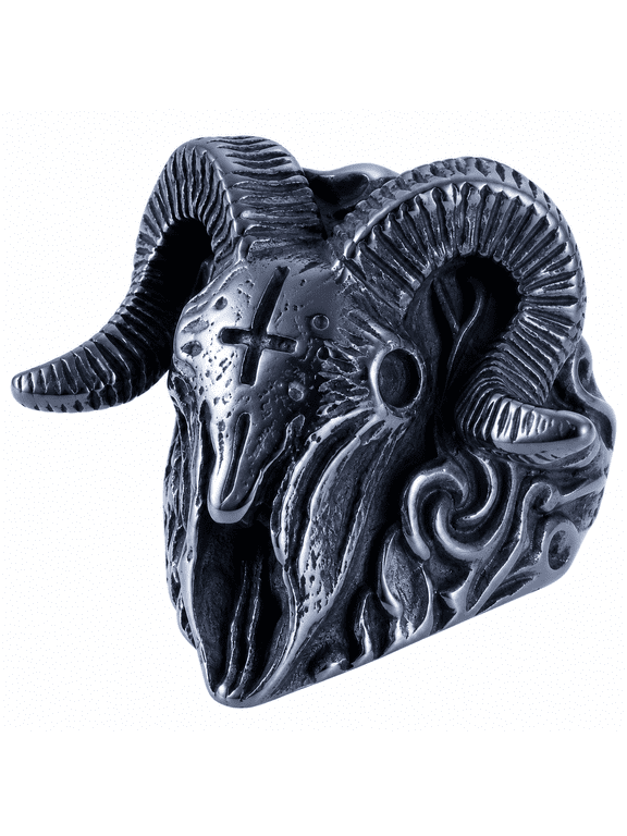 Men's Goat Skull Ring, Stainless Steel Curled Horns and Flowing Side Relief, Sizes 7-17, Dramatic Gothic Style, Birthday Gift for a Father or Brother