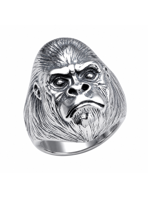 Men's Gorilla Face Stainless Steel Animal Gothic Biker Statement Ring, Silver Tone Concert Party Halloween, Birthday Father's Day Gift, US Sizes 7-13