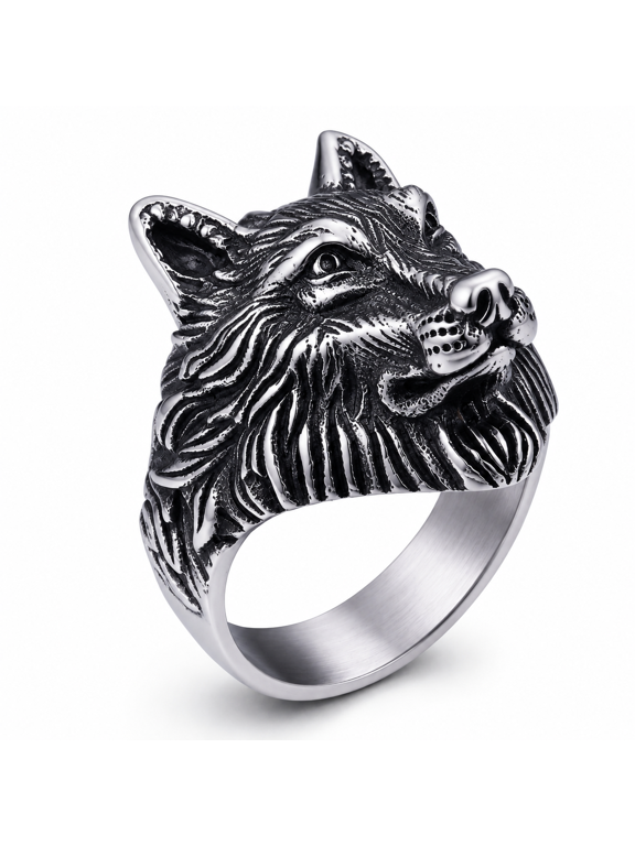 Men's Sculpted Wolf Head Ring, Stainless Steel Gothic Biker Statement Ring, Gold Tone or Silver Tone, US Sizes 7-13, Dark Streetwear and Rock Style for Concerts, Birthday Gifts for Him