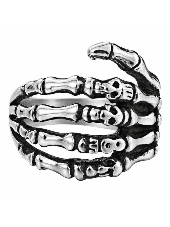 Men's Skeleton Hand Ring in Stainless Steel with Skull Knuckles and Sculpted Fingers, Sizes 7-15, Gothic Style for Halloween Outfits and Birthday Gifts for Him