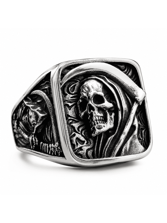 Men's Skull Grim Reaper Ring Stainless Steel Gothic Biker Statement Ring, Hooded Skull Scythe Design, Side Reaper Detail, Concert Party Halloween Ring, Birthday Gift, US Sizes 7-12