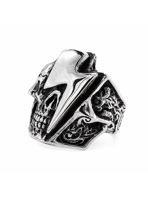 Men's Skull Lightning Signet Stainless Steel Ring, US Sizes 7-13, Skull Face with Raised Bolt Details for concerts and motorcycle-inspired outfits
