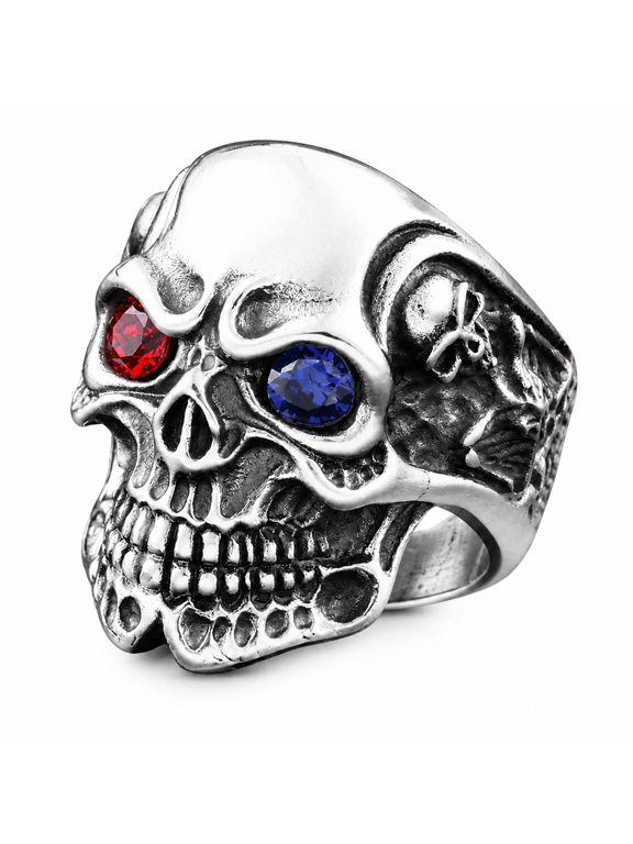 Men's Skull Ring in Stainless Steel, Smaller Shoulder Faces with Four Eye Choices, US Sizes 7-13, Gothic Styling for Dark Outfits and Birthday Presents