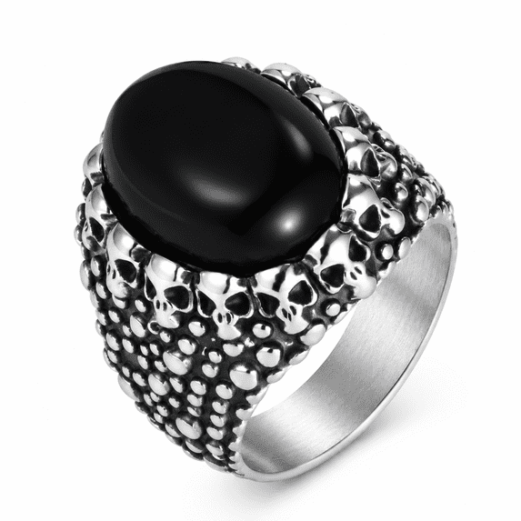 Skrloton Rings BQJ Men's Skull Stone Ring in Stainless Steel, Rounded Brown or Black ...