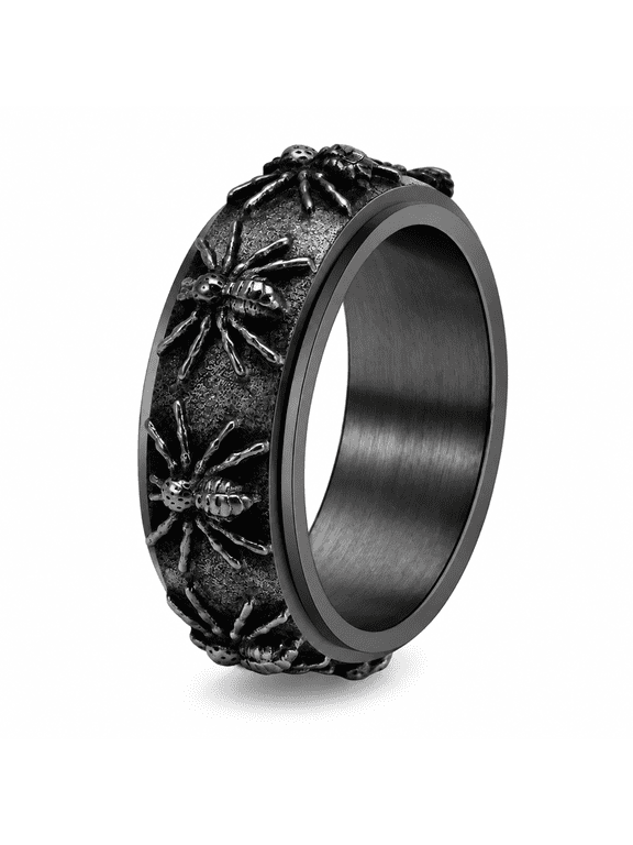 Men's Spider Spinner Ring in Stainless Steel, 8mm Textured Turning Band with Raised Arachnid Motifs, US Sizes 6-13, Gothic Style for Birthday Gifts