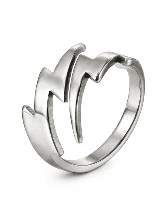 Men's Stainless Steel Lightning Ring with Angular Bolt Contours, Sizes 6-12, Silver-Tone or Gold-Tone Openwork Style for Casual Outfits and Birthday Gifts