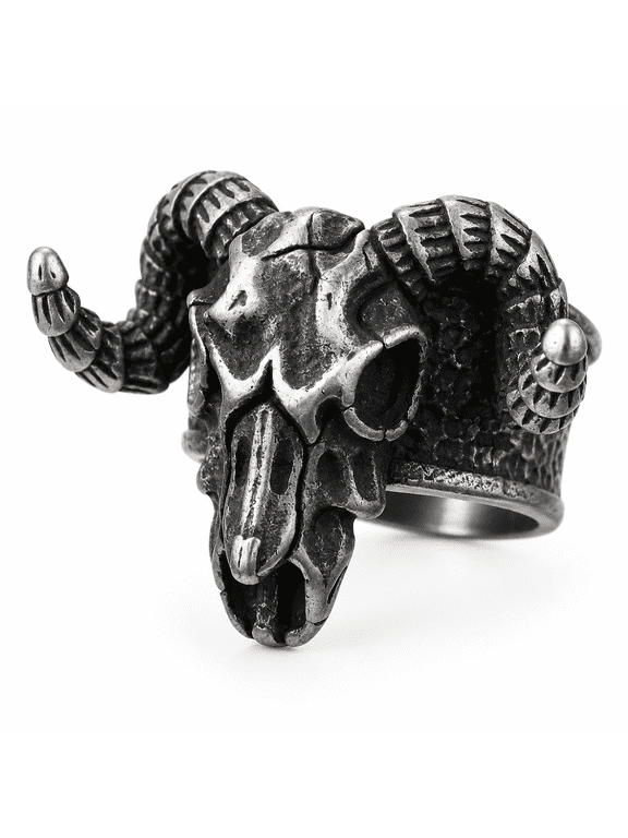 Men's Stainless Steel Ram Skull Ring with Curled Horns and Textured Shoulders, Sizes 7-13, Silver-Tone Gothic Statement for Birthday and Friendship Gifts