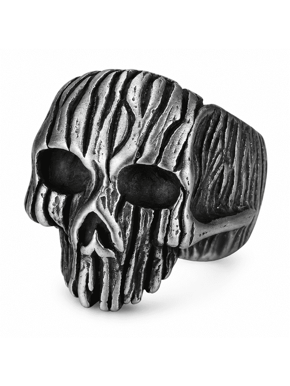 Men's Striped Skull Ring, Stainless Steel Raised Lines and Deep Eye Sockets, Sizes 5-15, Gothic Statement for Dark Outfits, Birthday Gift for a Brother