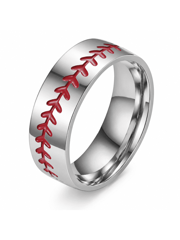 Unisex Baseball Stitch Band Ring in Stainless Steel with a Curving Red Seam Pattern, US Sizes 7-13, Sporty Casual Birthday Gift for Players and Coaches