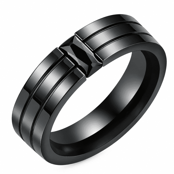 BQJ Unisex Black Stone Ring, Stainless Steel Parallel Grooves and ...