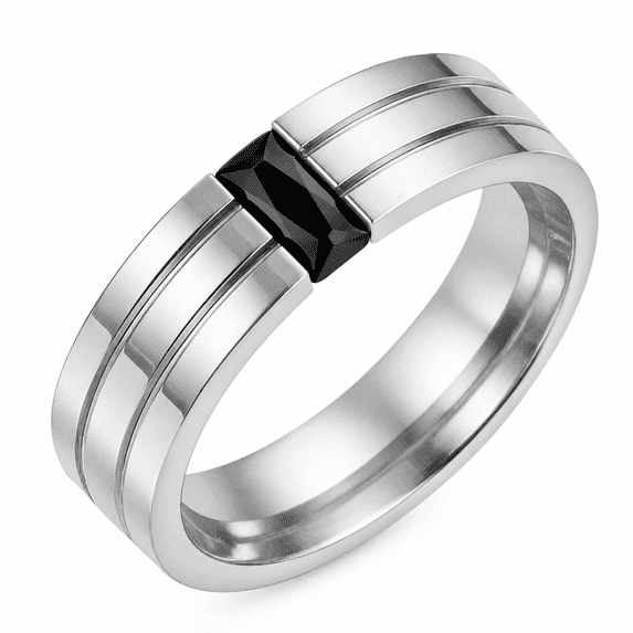 BQJ Unisex Black Stone Ring, Stainless Steel Parallel Grooves and ...