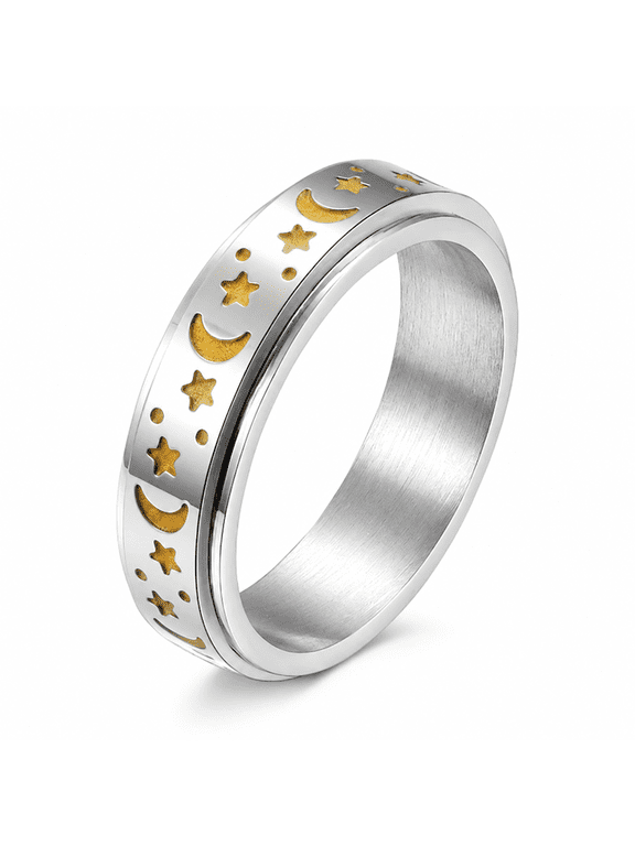 Unisex Glow Moon and Star Spinner Stainless Steel Ring for Celestial Night, US Sizes 4-12, 6mm Rotating Layer with Green After-Dark Details for Evening Outings and Stargazer Gifts