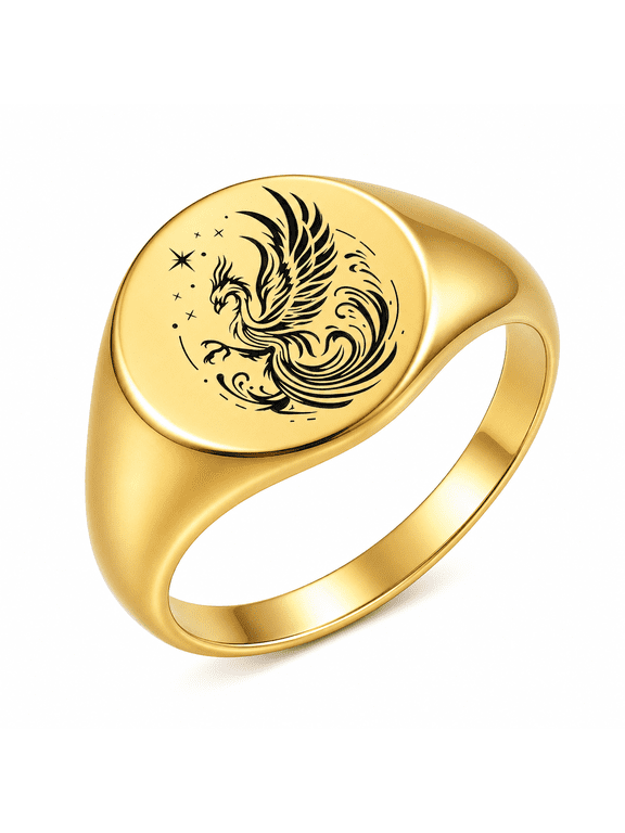 Unisex Phoenix Signet Ring, 12mm Round Face, Stainless Steel Modern Statement Style, Sizes 4-12, Four Color Options, Everyday Wear, Birthday or Holiday Gift for Him or Her